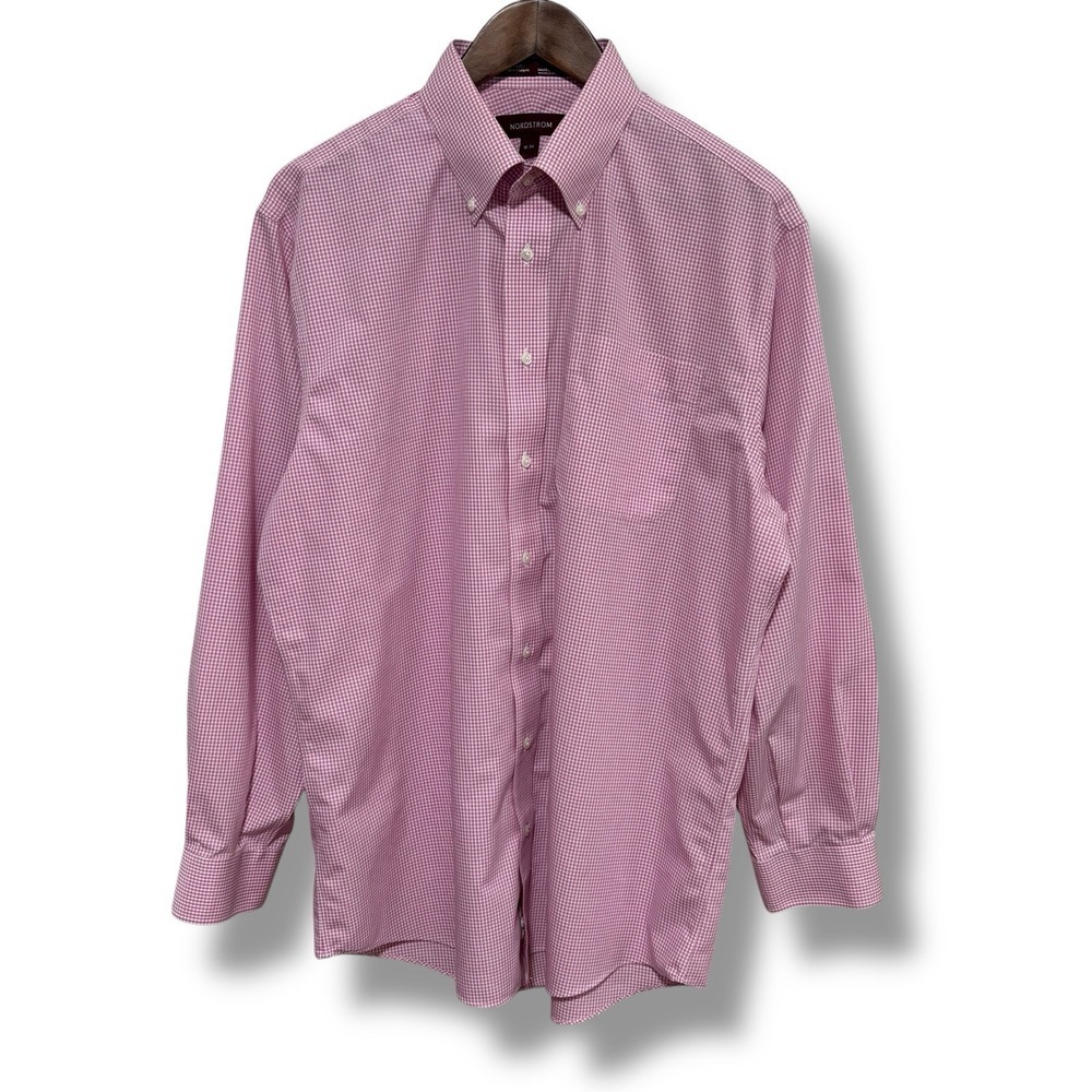 NORDSTROM Men's Pink Checked Button Up Shirt Size 16 - 34 /‎ 25 x 32